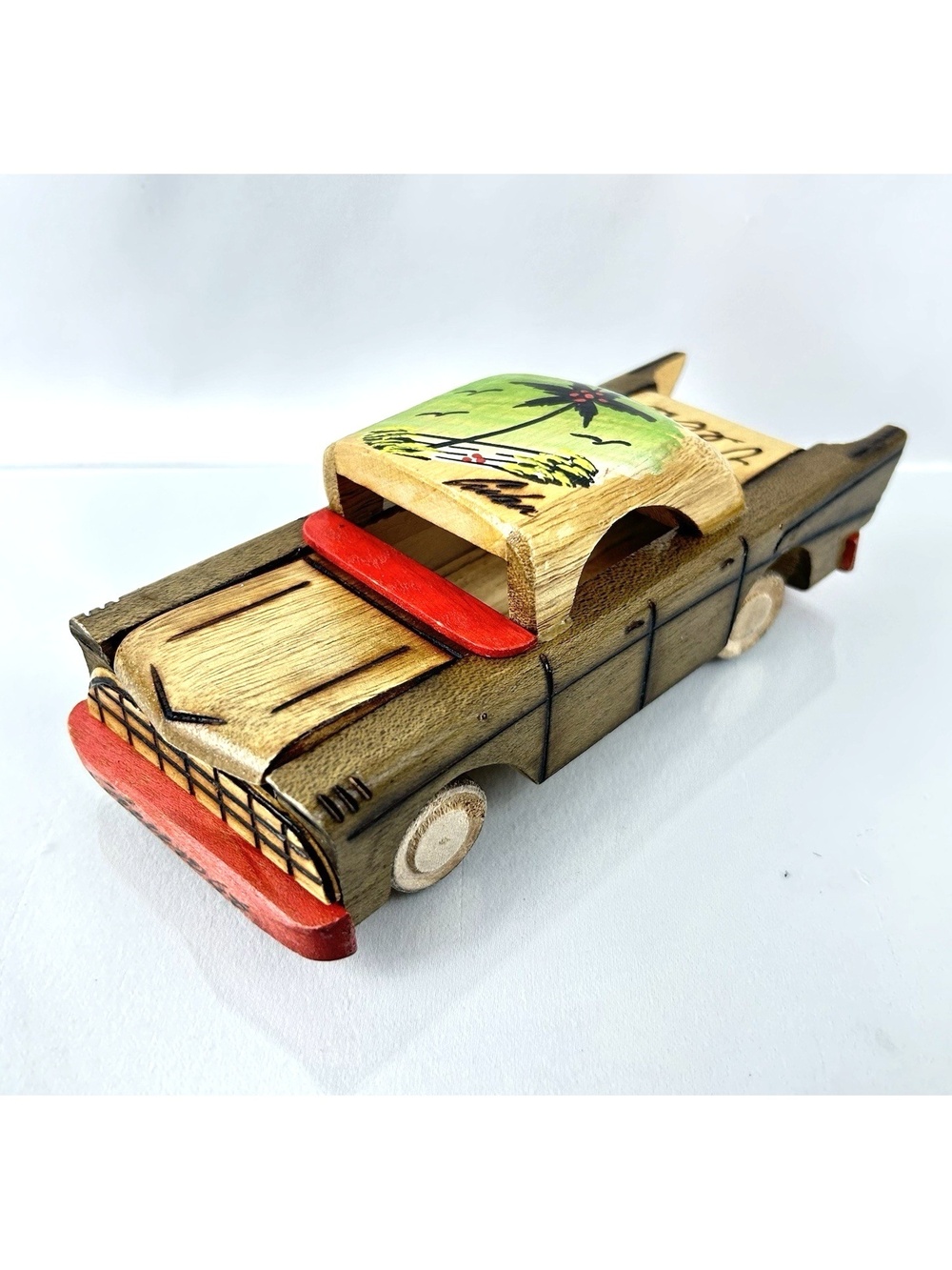 Hand Made Cuba Wooden Toy Car Souvenir Rolls & Hood Opens 1957 Vintage Style